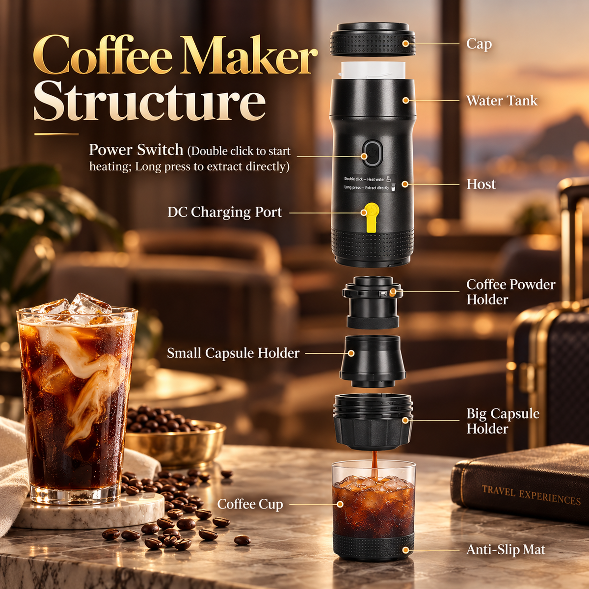NomadBrew portable espresso maker in a carefully styled travel coffee scene