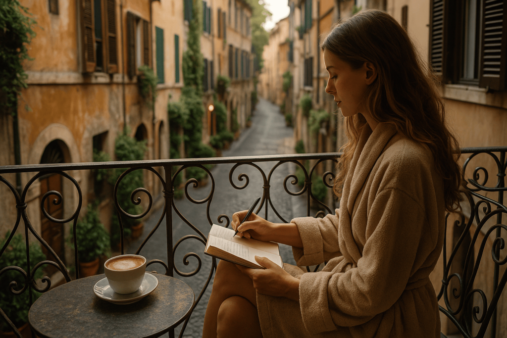 Woman reading in a quiet historic Rome street, illustrating a slower way of traveling