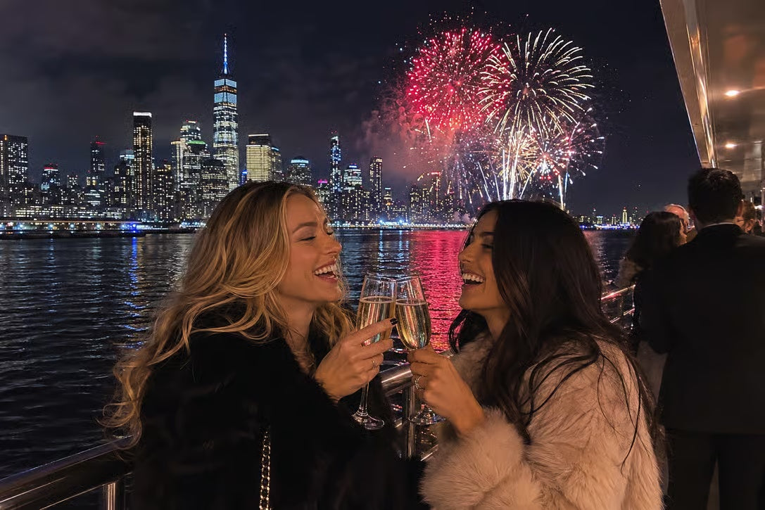 Illustrative New York Harbor New Year's Eve atmosphere with friends toasting near illuminated Manhattan skyline