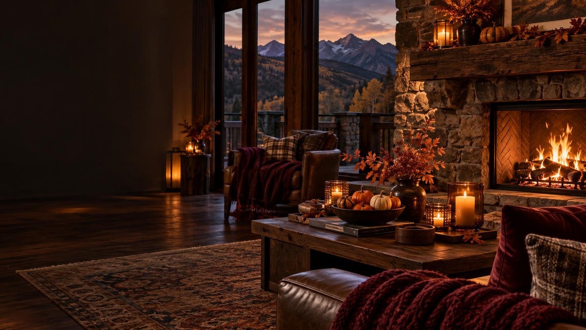 Cozy Aspen lodge decorated for an elegant autumn Halloween evening