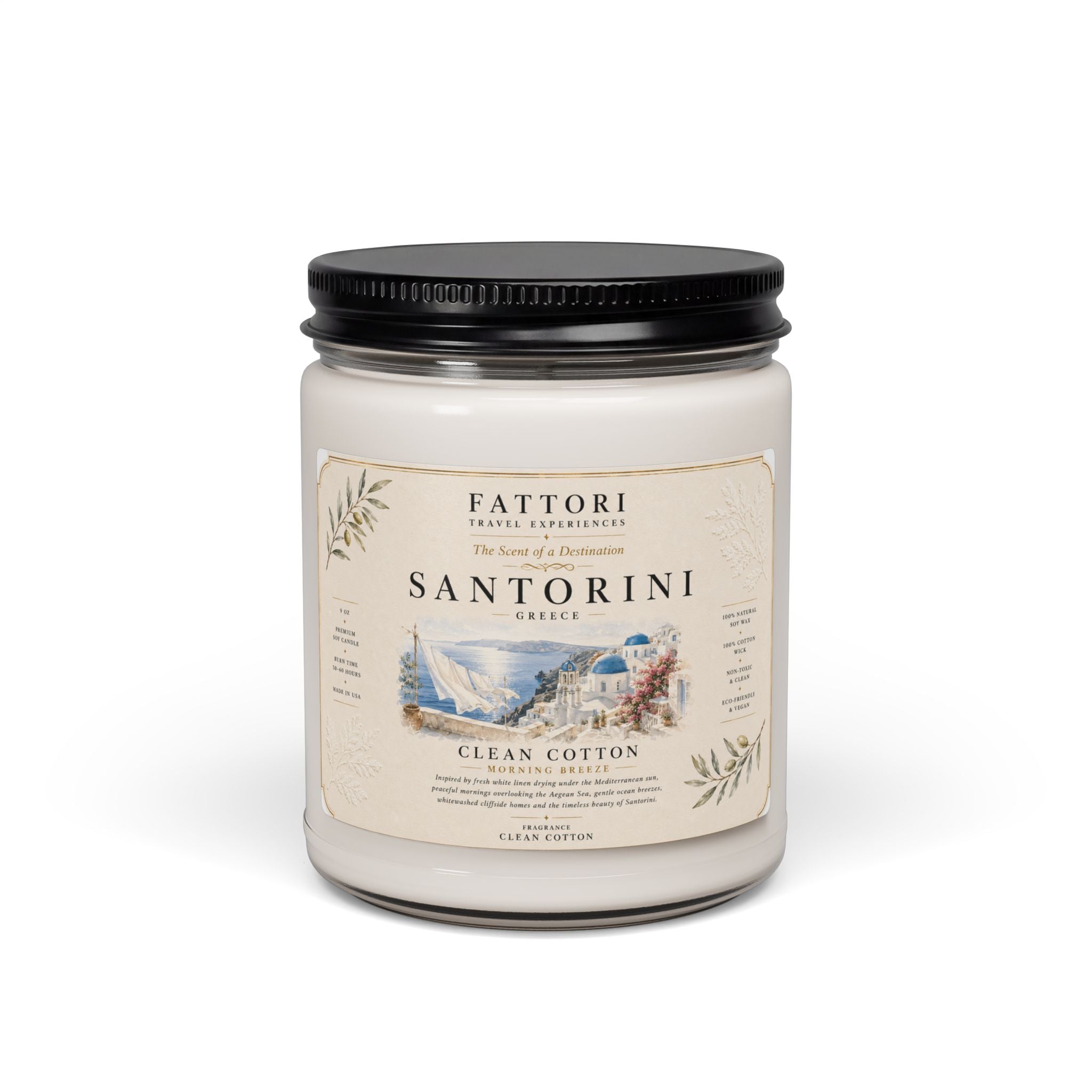 Luxury Santorini Morning Soy Candle | Clean Cotton | 9oz Travel Candle