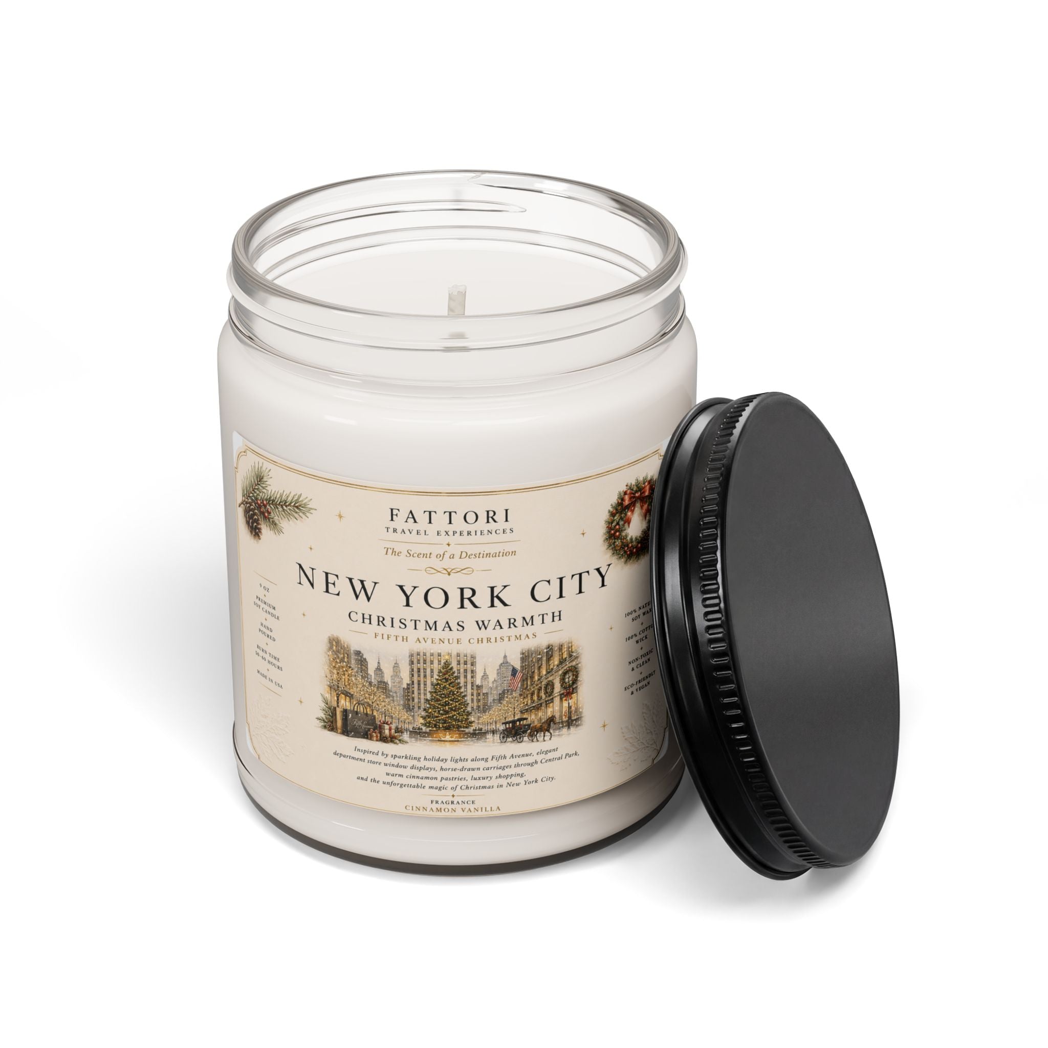 Luxury New York Christmas Soy Candle | Cinnamon Vanilla | 9oz Travel Candle