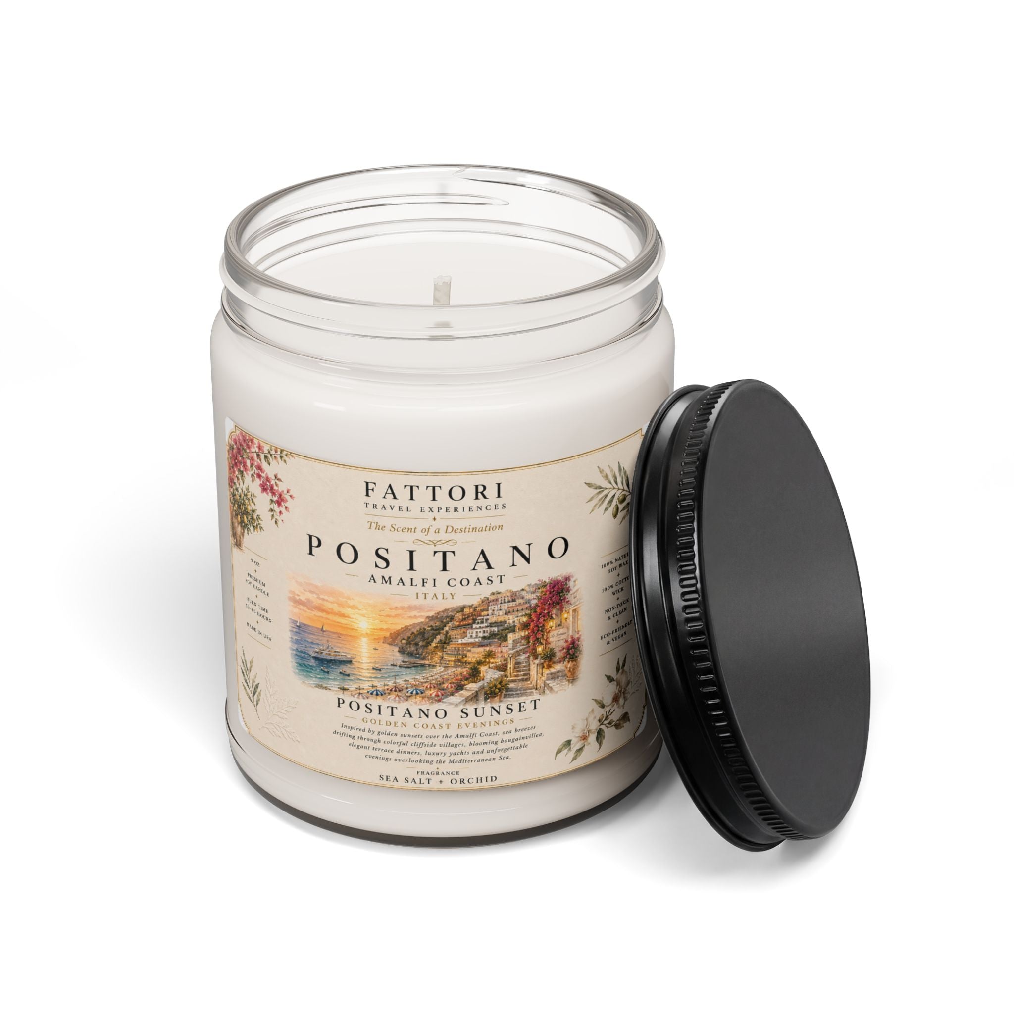 Luxury Positano Sunset Soy Candle | Sea Salt + Orchid | 9oz Travel Candle