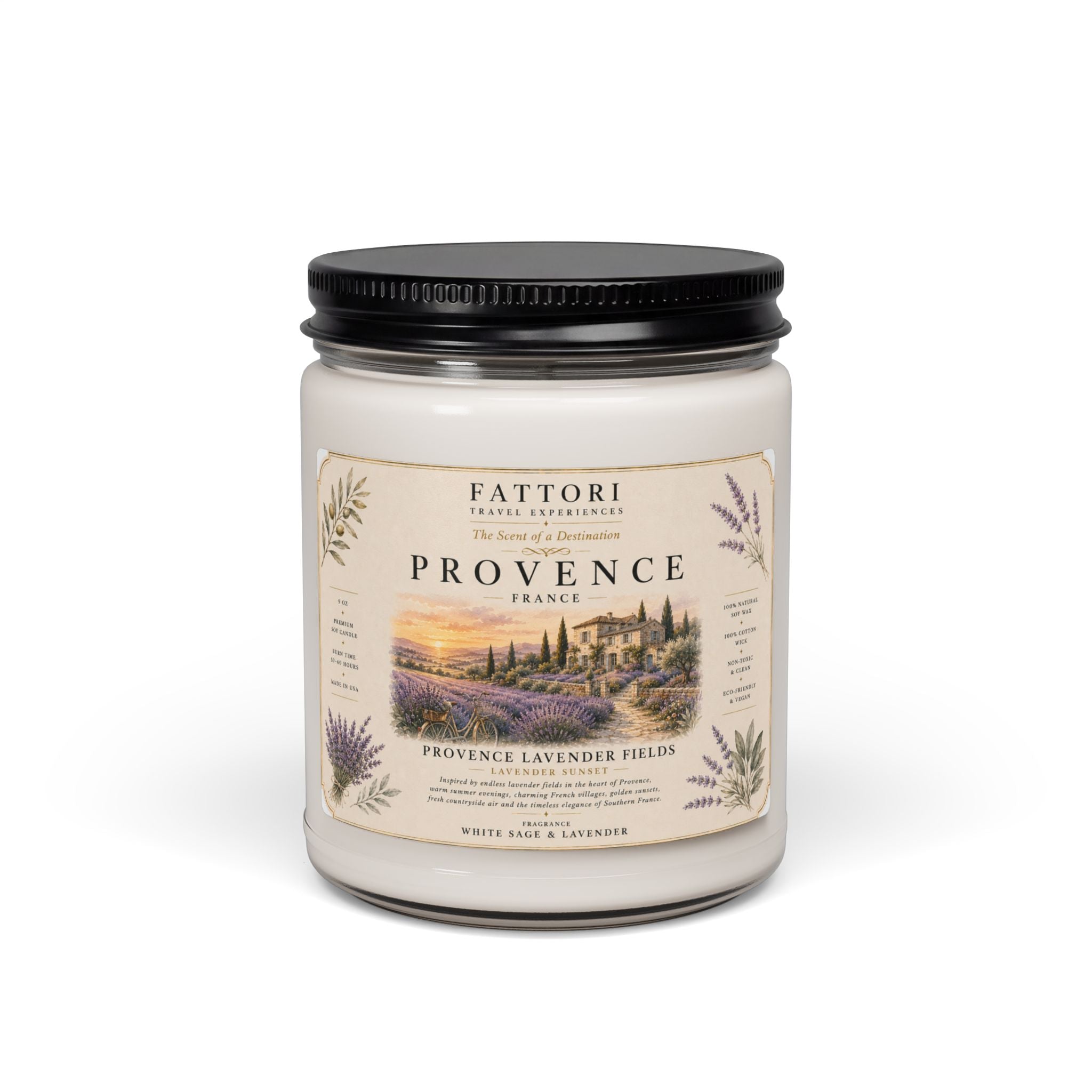 Luxury Provence Lavender Fields Soy Candle | White Sage & Lavender | 9oz Travel Candle