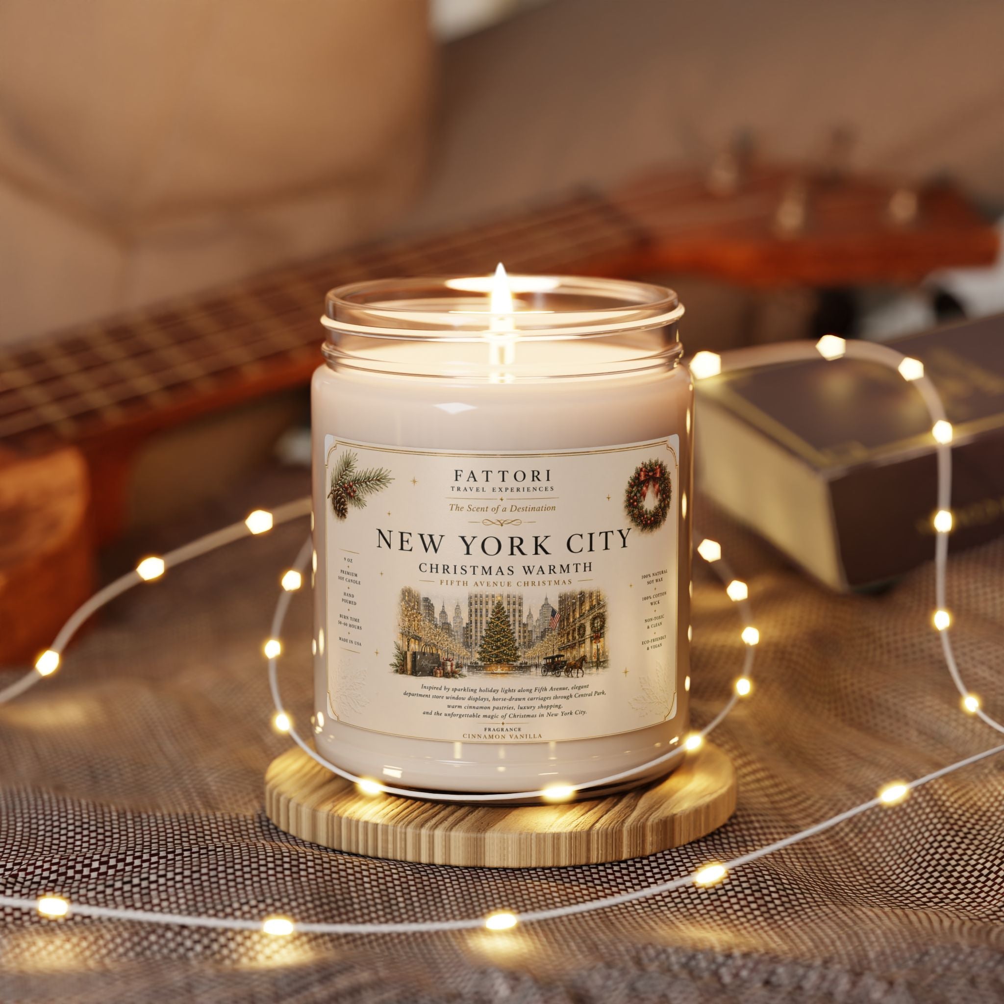 Luxury New York Christmas Soy Candle | Cinnamon Vanilla | 9oz Travel Candle