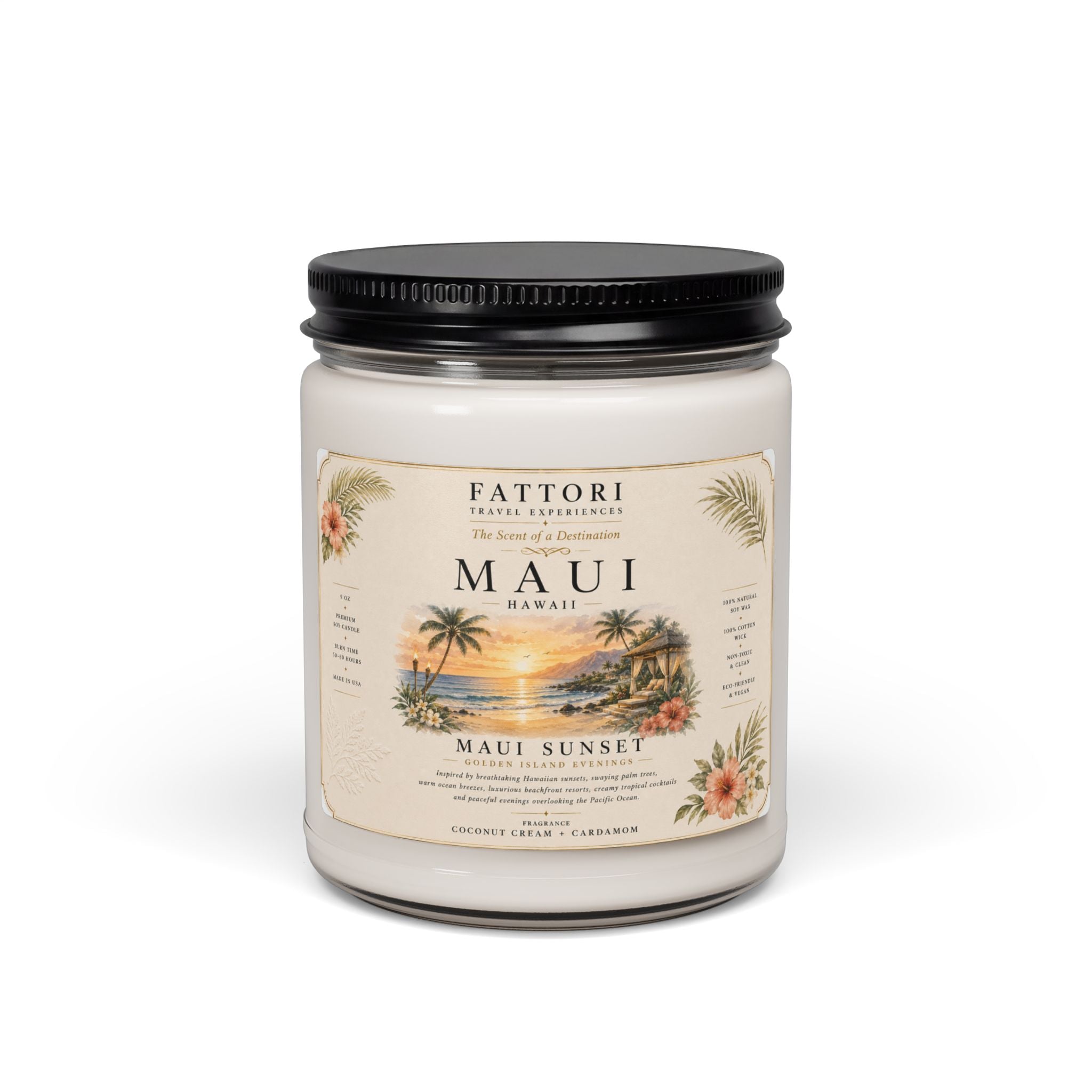 Luxury Maui Sunset Soy Candle | Coconut Cream + Cardamom | 9oz Travel Candle