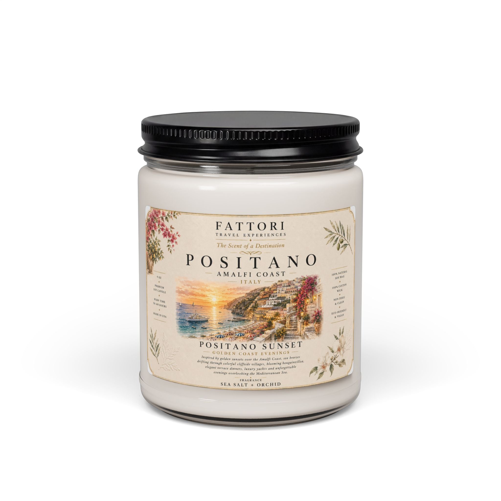 Luxury Positano Sunset Soy Candle | Sea Salt + Orchid | 9oz Travel Candle
