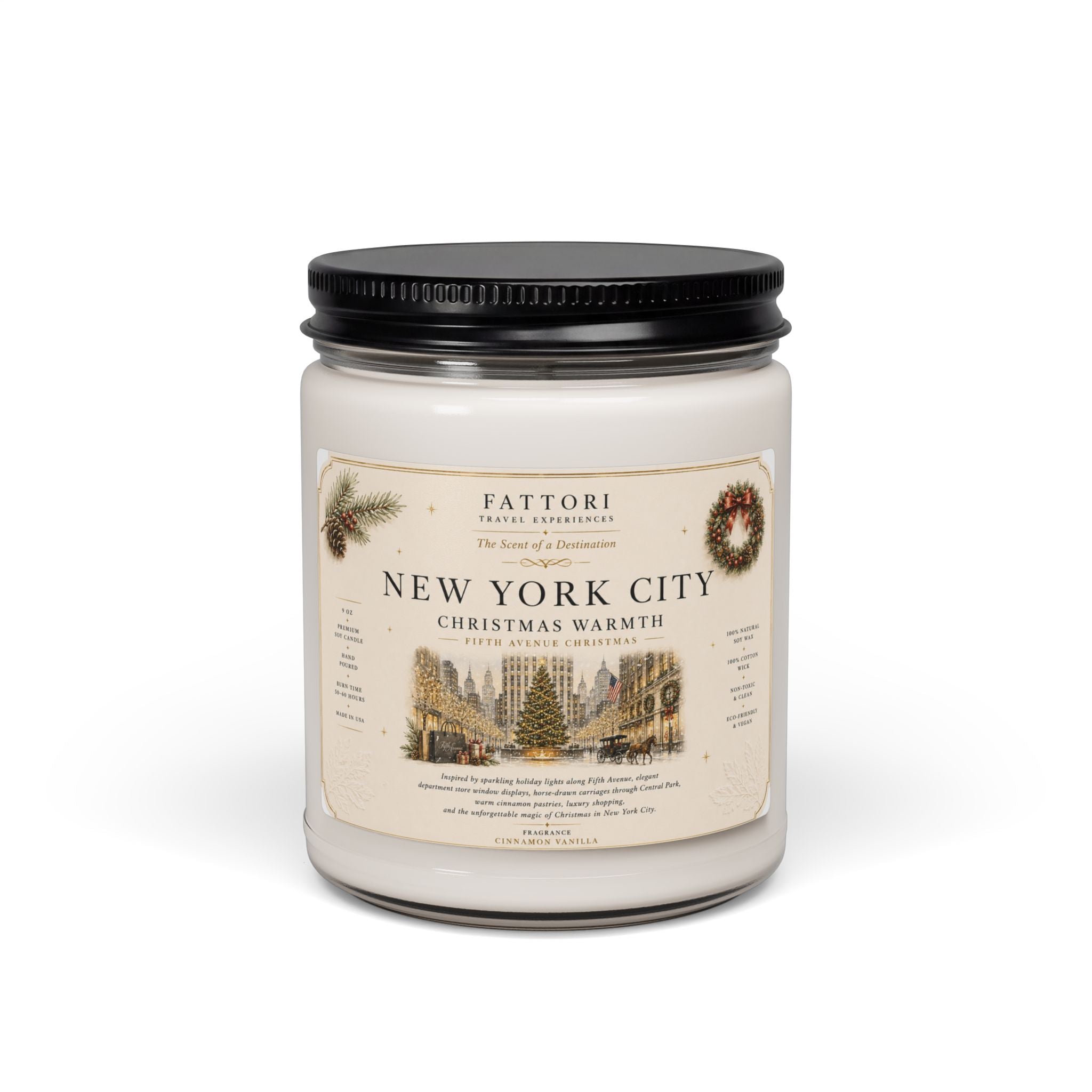 Luxury New York Christmas Soy Candle | Cinnamon Vanilla | 9oz Travel Candle