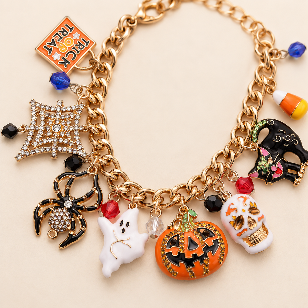 Halloween Charm Bracelet – Pumpkin, Ghost & Spider October Jewelry, additional product view 4 of 5