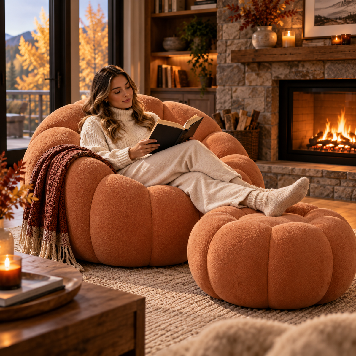 Autumn Cloud Pumpkin Lounge Chair & Ottoman – Rust Brown, additional product view 4 of 5