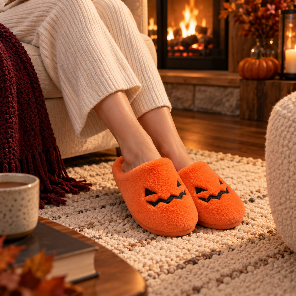 Pumpkin Halloween Slippers – Cozy Jack-O’-Lantern House Shoes, additional product view 2 of 5