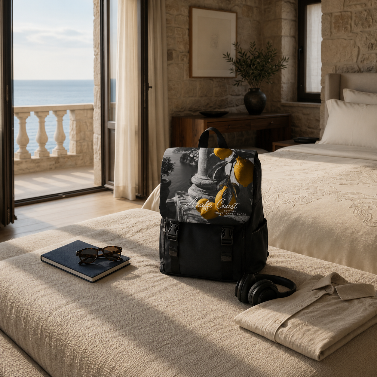 Luxury Amalfi Coast Backpack | Black & White Collection | Premium Oxford Canvas Travel Backpack