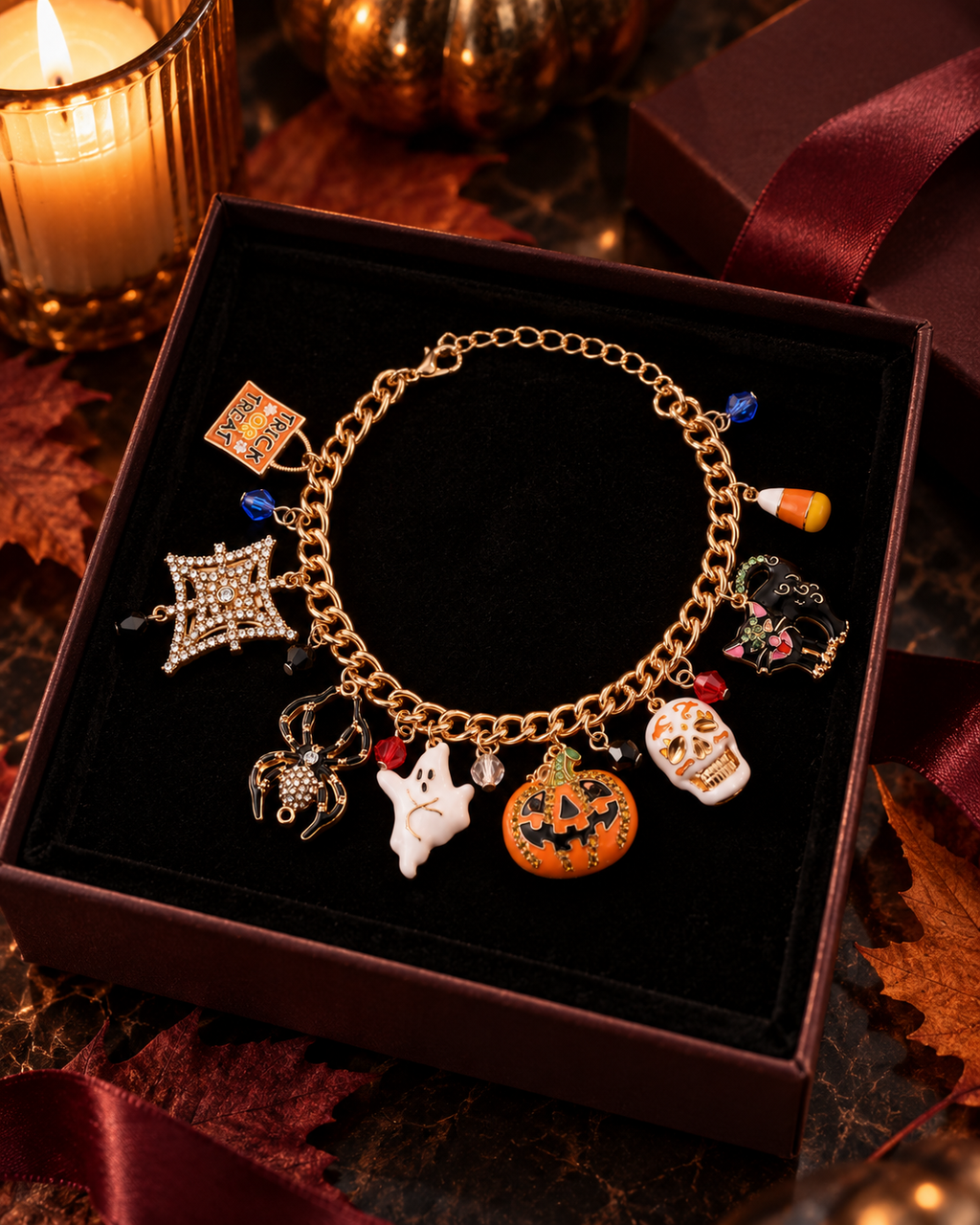 Halloween Charm Bracelet – Pumpkin, Ghost & Spider October Jewelry, additional product view 5 of 5