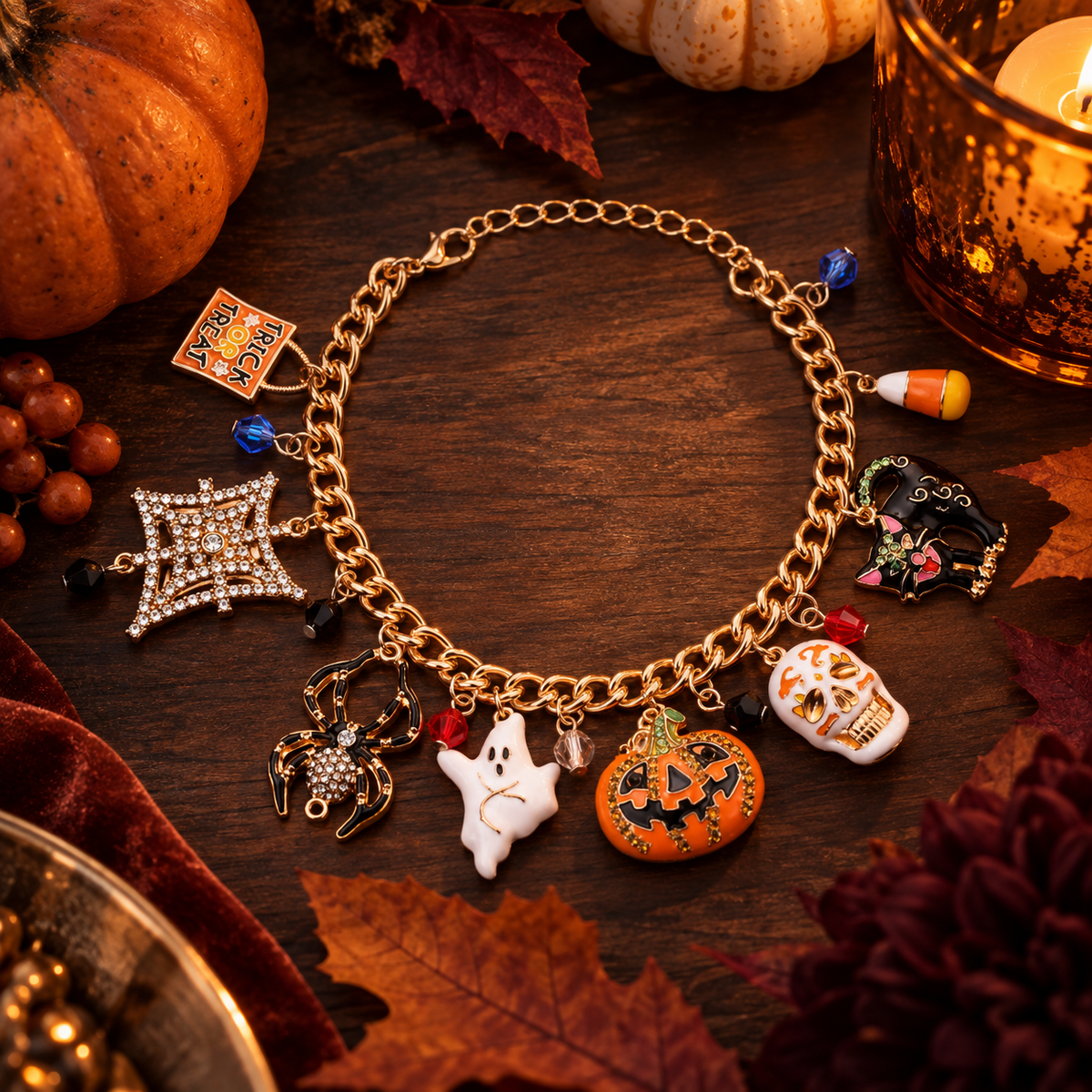 Halloween Charm Bracelet – Pumpkin, Ghost & Spider October Jewelry, additional product view 2 of 5
