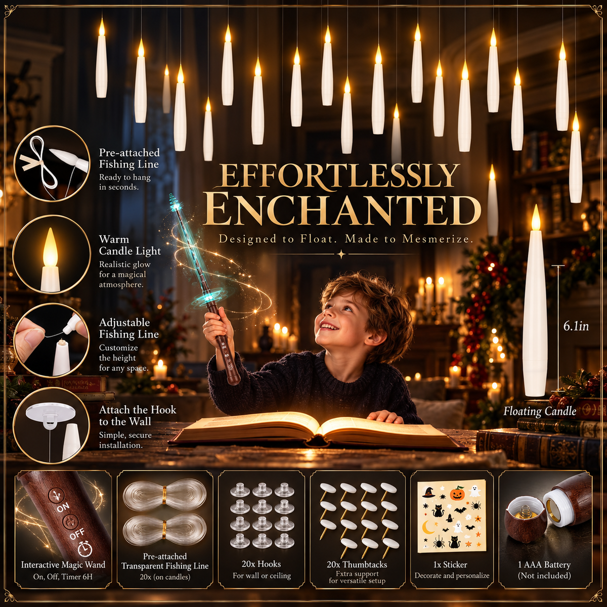 Floating LED candles with interactive wand and warm flickering glow