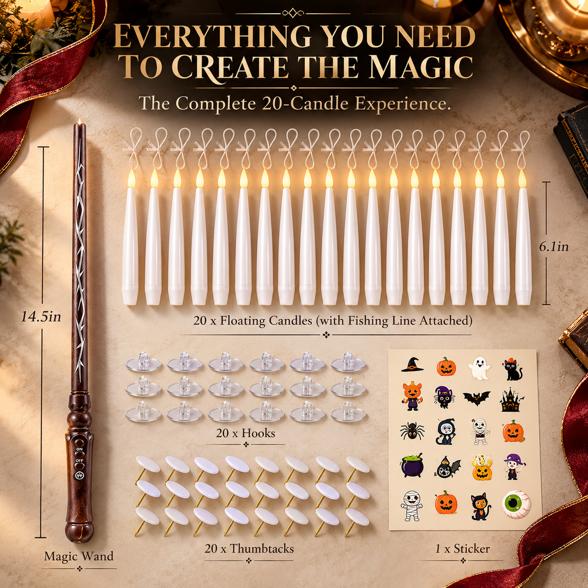 Flameless floating candles with magic wand for Halloween decor