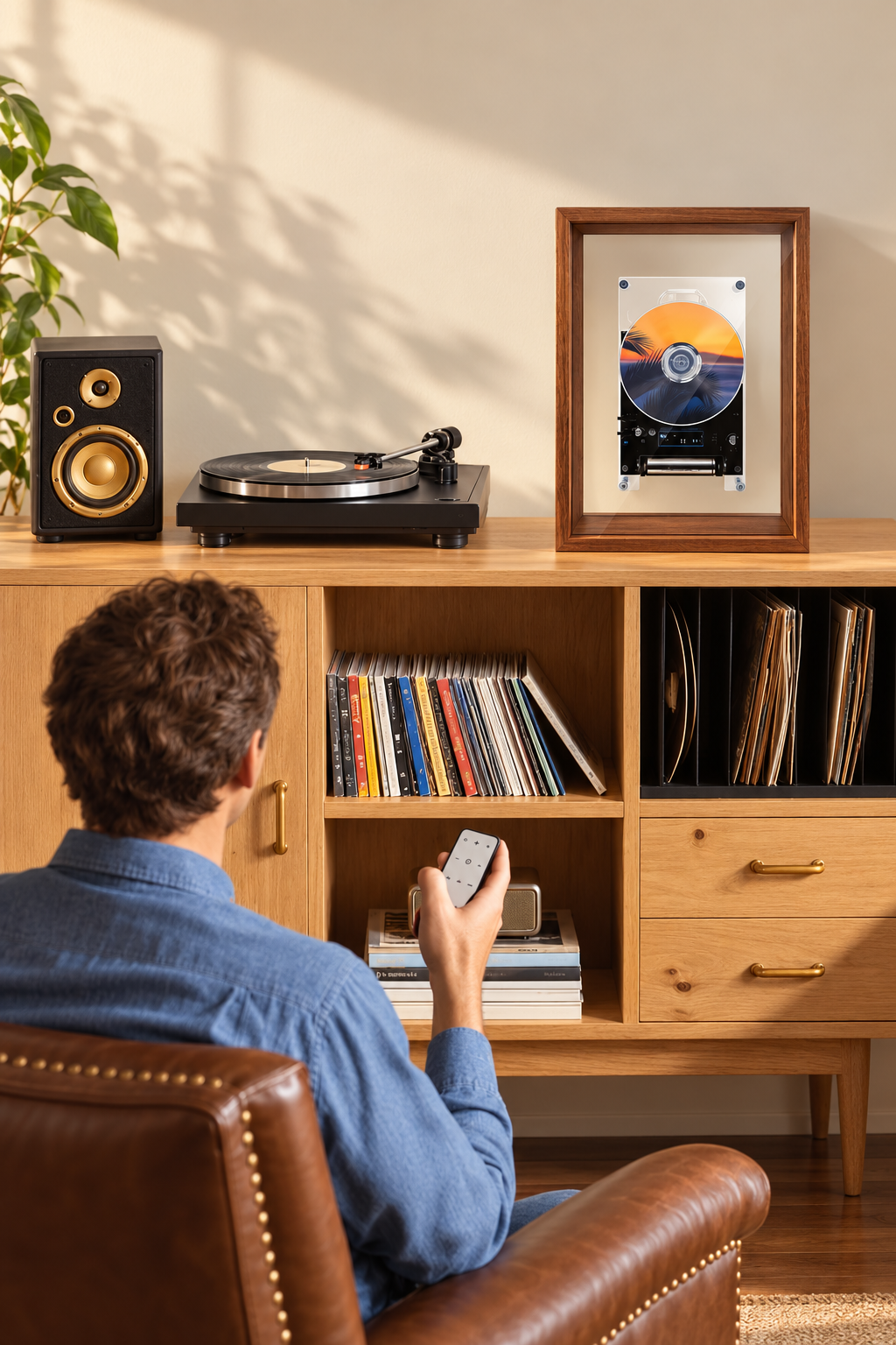 Fattori SoundFrame design CD player styled in a cozy retro music listening corner