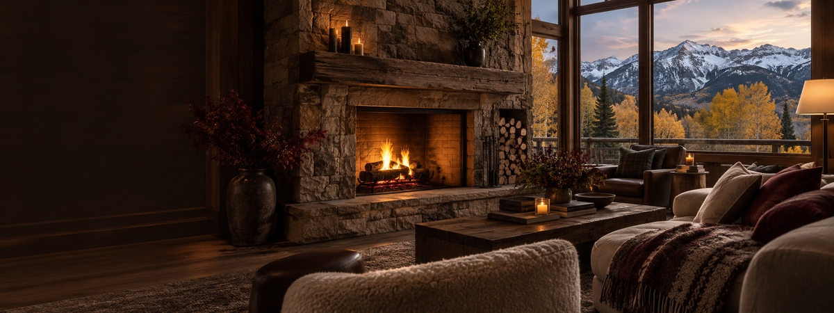 Luxury Aspen lodge with fireplace, autumn foliage and snow-dusted mountains