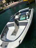 Private open-style motorboat moored at a lakeside dock, Lake Garda boat tour vessel