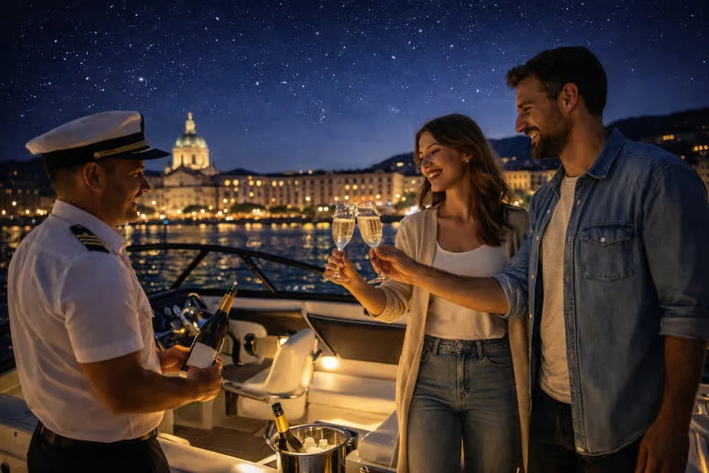 Illustrative romantic evening boat scene with couple toasting on board