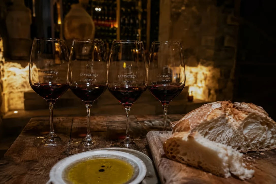 Rioja red wine tasting with four glasses, rustic bread and olive oil in a Logroño wine cellar