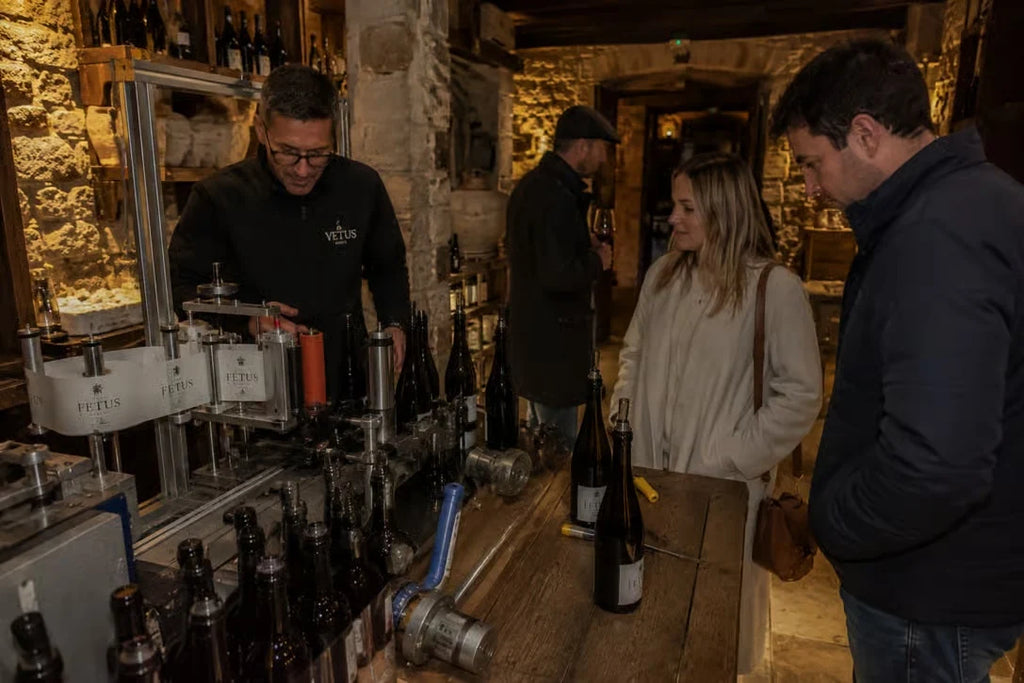 Winery expert demonstrating wine bottling during a Logroño urban winery visit