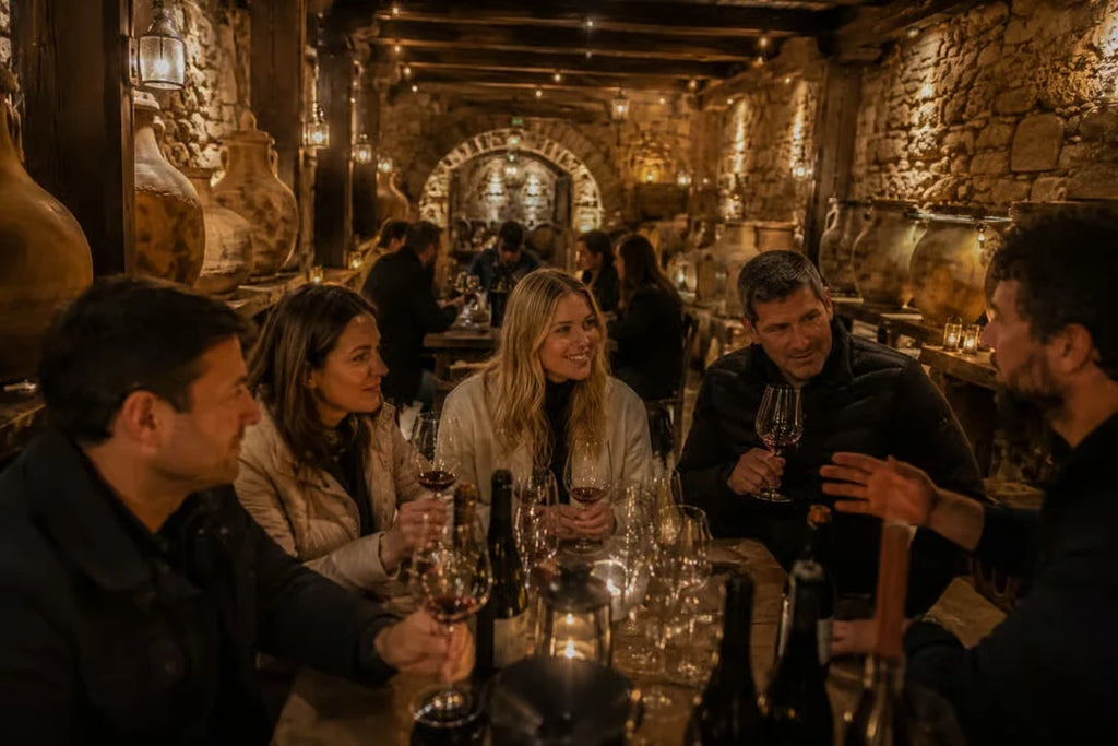 Small group enjoying a guided Rioja wine tasting inside a historic Logroño cellar