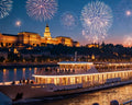 Budapest New Year's Eve gala cruise sailing on the Danube past illuminated Buda Castle with fireworks above