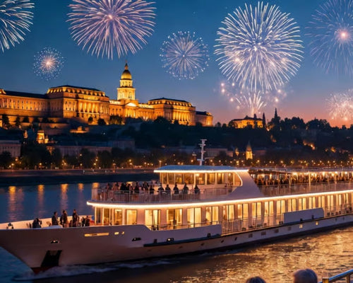 Budapest New Year's Eve gala cruise sailing on the Danube past illuminated Buda Castle with fireworks above