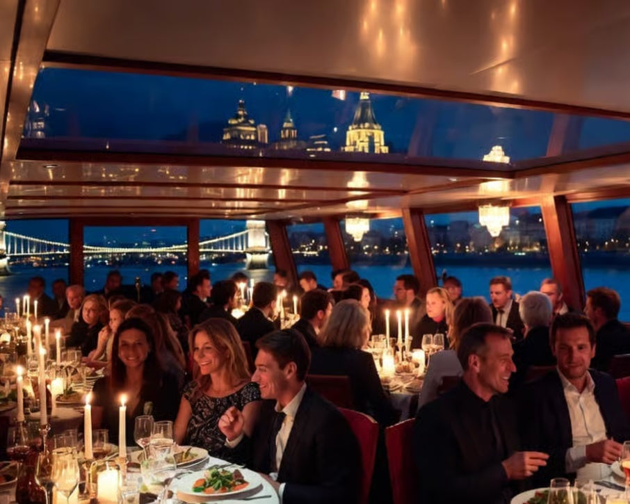 Elegant candlelit gala dinner aboard a Budapest Danube river cruise with city landmarks visible through the windows