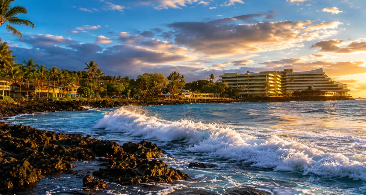 Kona Big Island shoreline with ocean waves and resorts at sunset