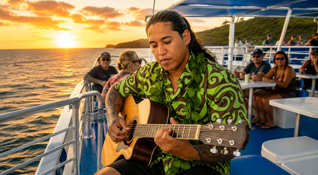 Hawaiian musician playing live acoustic guitar on a Kona sunset cruise