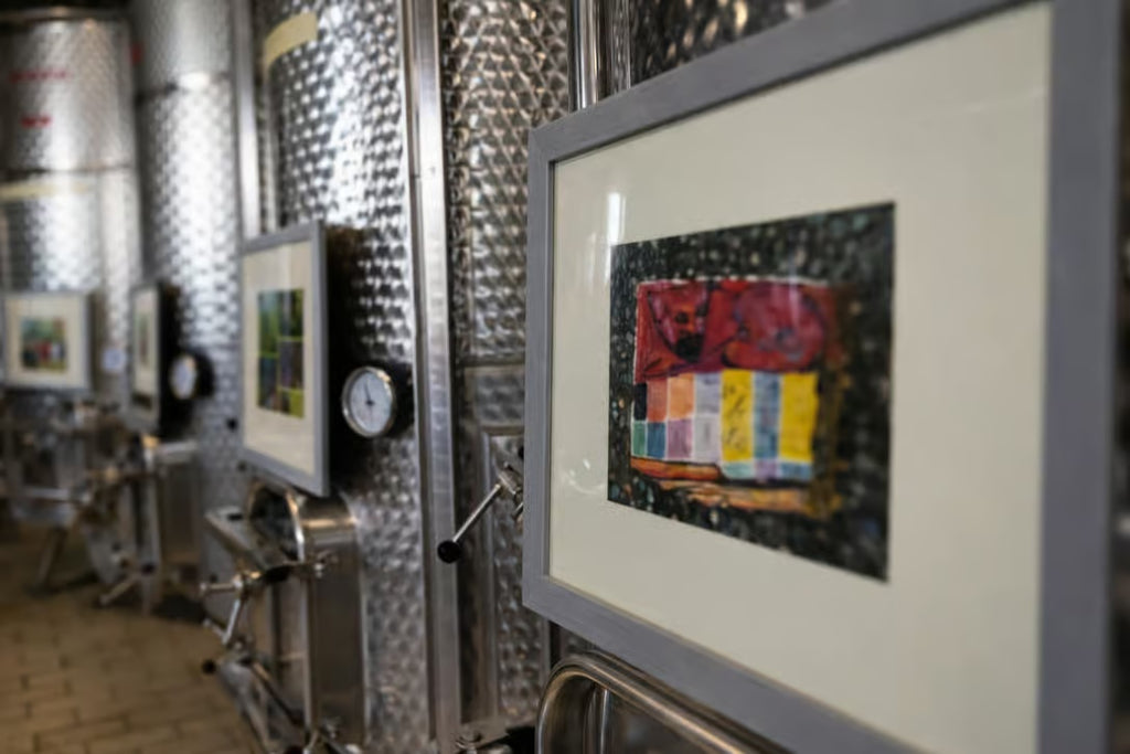 Art displayed inside a Tuscan winery cellar with stainless steel wine tanks