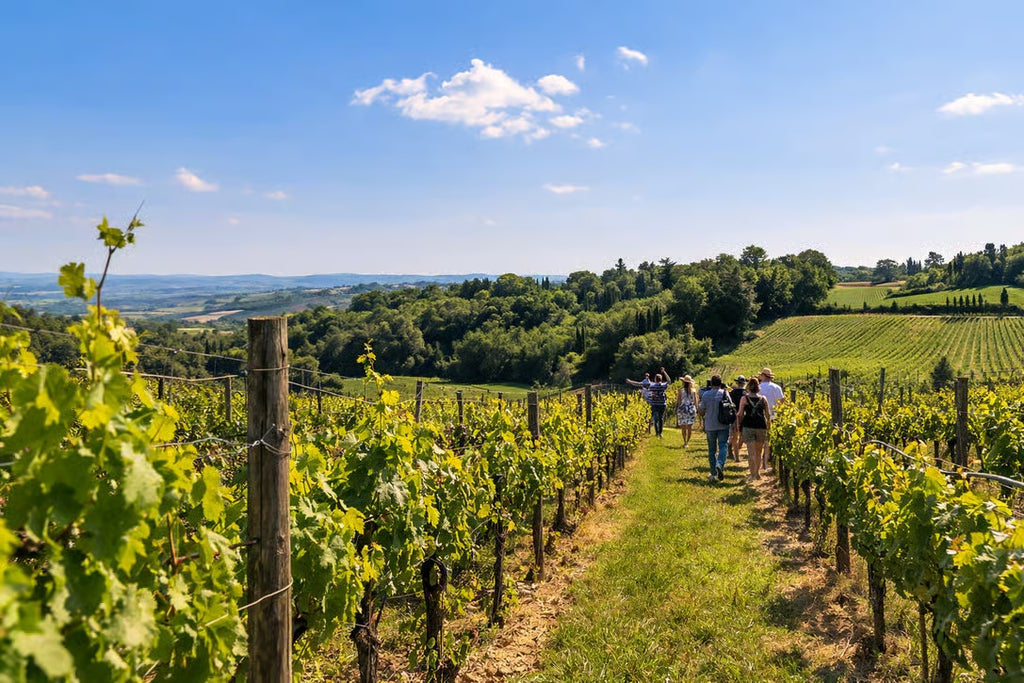 Guests walking through sunlit vineyards during a Montepulciano Tuscany winery experience