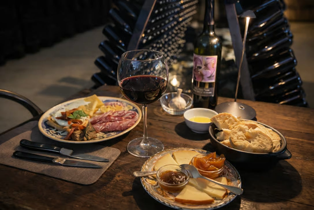 Tuscan wine tasting with red wine, local cheeses, salumi and bread at Montepulciano winery