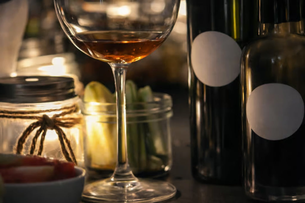 Close-up of a glass of wine and bottles at a Tuscan wine tasting