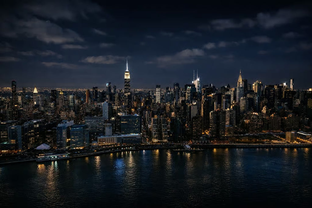 Manhattan skyline at night during a New York City birthday limousine celebration