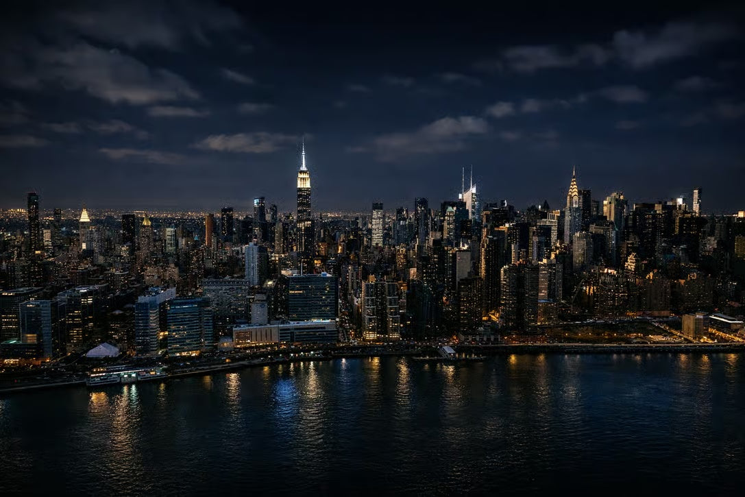 Manhattan skyline at night during a New York City birthday limousine celebration
