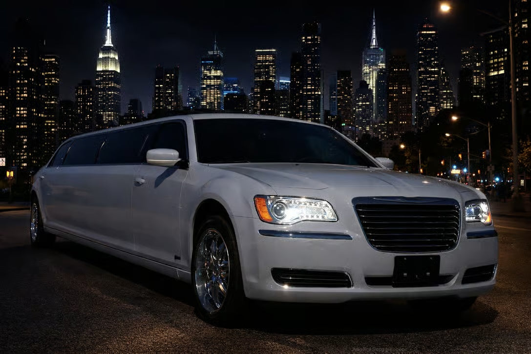 White stretch limousine in Manhattan at night for a private New York birthday celebration