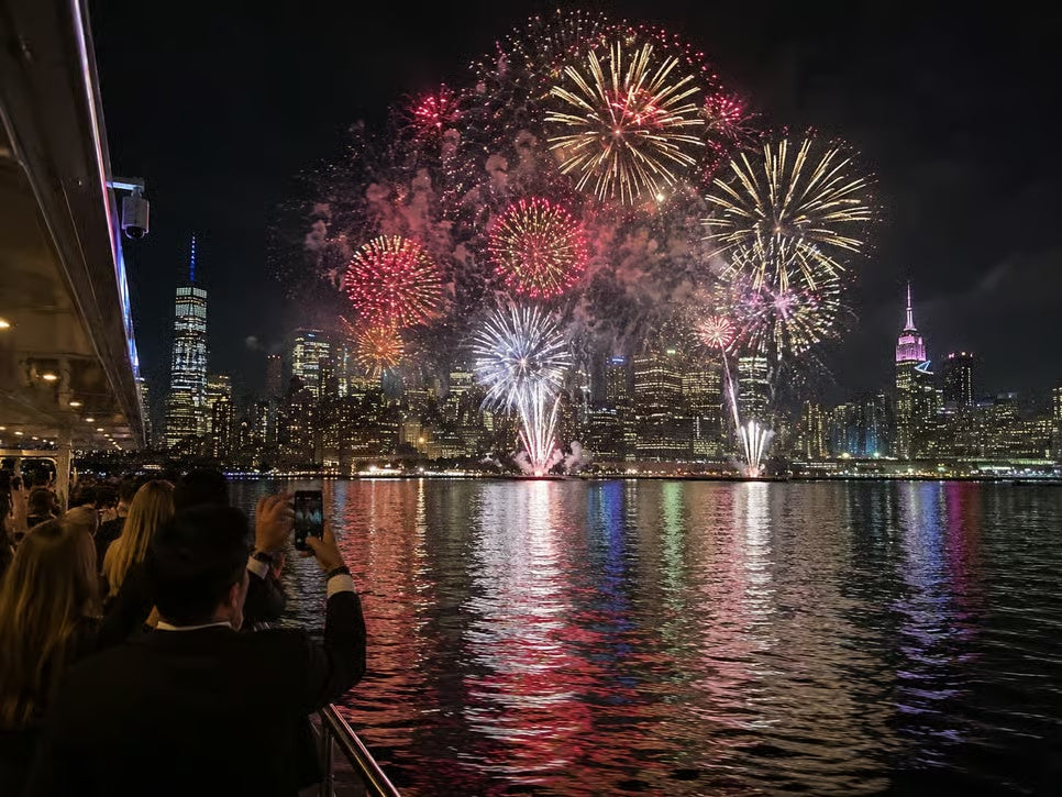 Fireworks lighting Manhattan skyline as guests watch from a New York City New Year's Eve cruise