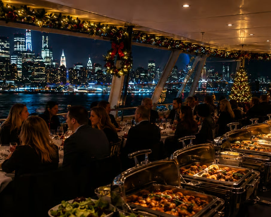 Festive Christmas dinner cruise dining room with buffet, holiday decorations and New York City skyline