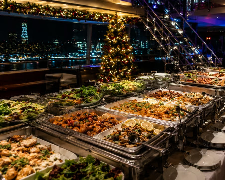 Holiday buffet with a variety of dishes aboard a festive New York Harbor dinner cruise