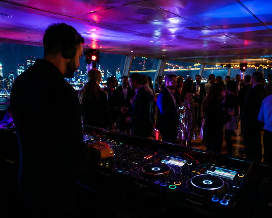 Live DJ entertaining guests aboard a New York City night dinner cruise