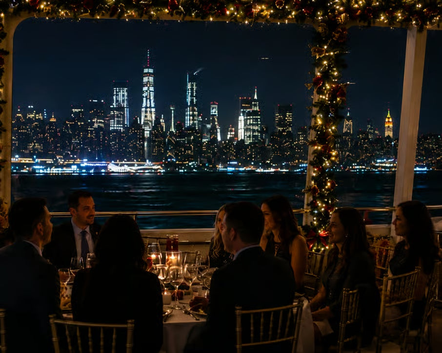 Guests enjoying Christmas dinner on a decorated boat with illuminated Manhattan skyline views