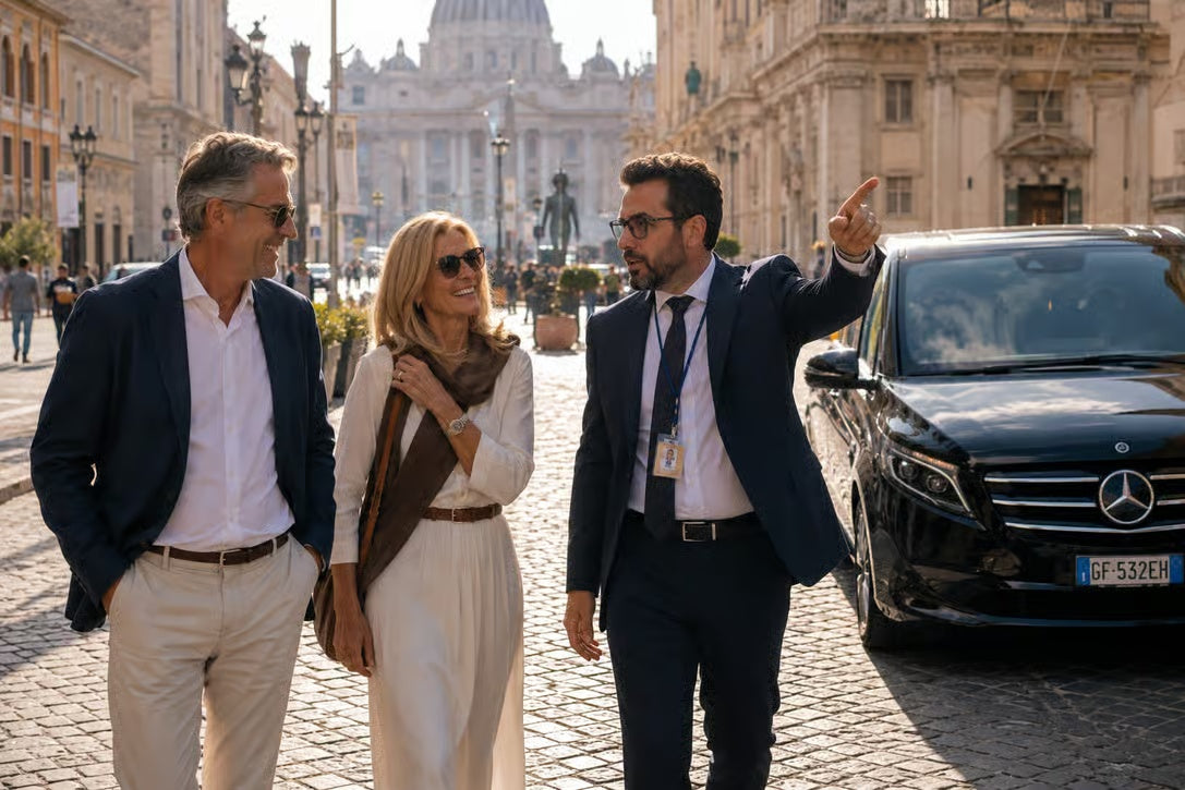 Private Rome Four Major Basilicas tour with guide, guests and Mercedes van near St. Peter’s Basilica