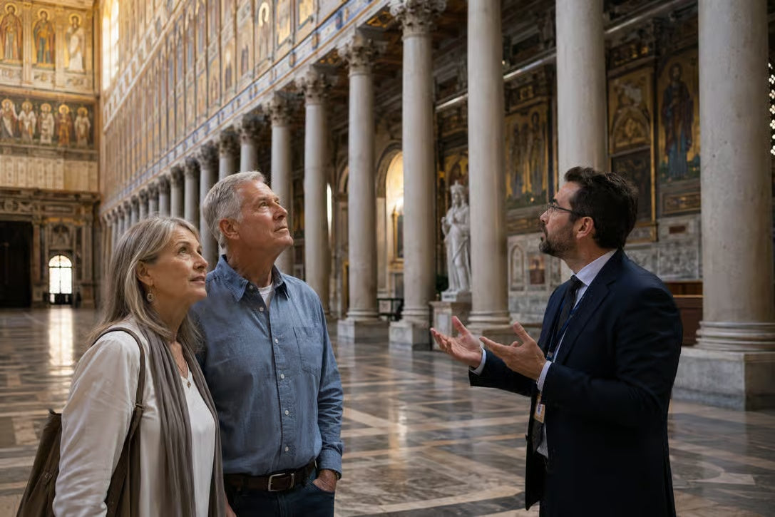 Private guide explaining the art and architecture inside a historic basilica in Rome