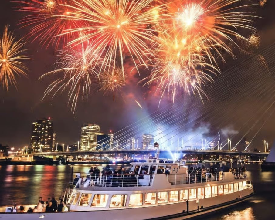 Rotterdam New Year's Eve cruise on the Nieuwe Maas beneath fireworks near Erasmus Bridge