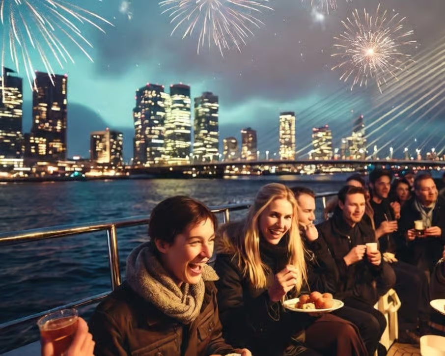 Guests celebrating on an outdoor cruise deck with Rotterdam skyline and Erasmus Bridge at night