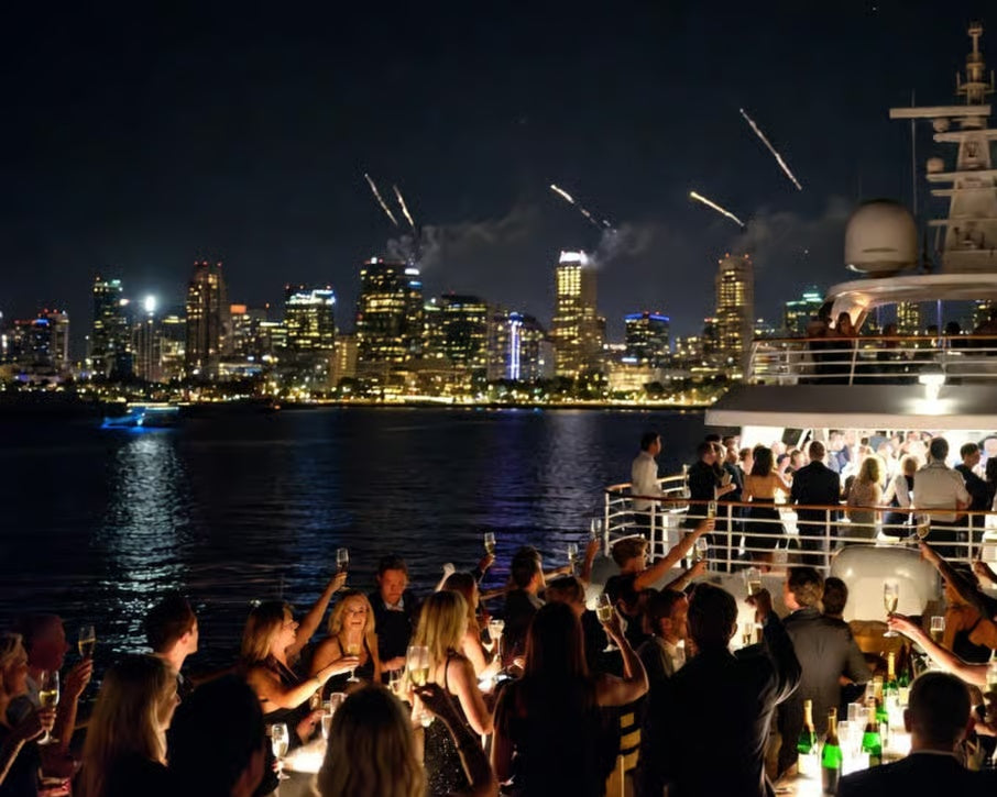 Guests raising champagne glasses at a night celebration on San Diego Bay with distant fireworks