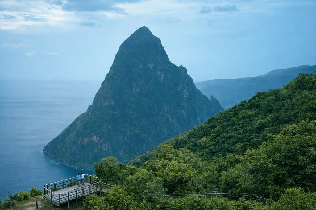 Dramatic Piton mountain and scenic viewing platform in Saint Lucia on a private cruise excursion